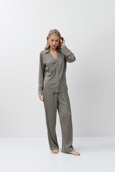 Пижама женская атласная рубашка с брюками Aruelle Romie pajama long бежевый геометрический принт Romie pajama long фото