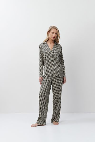 Пижама женская атласная рубашка с брюками Aruelle Romie pajama long бежевый геометрический принт Romie pajama long фото